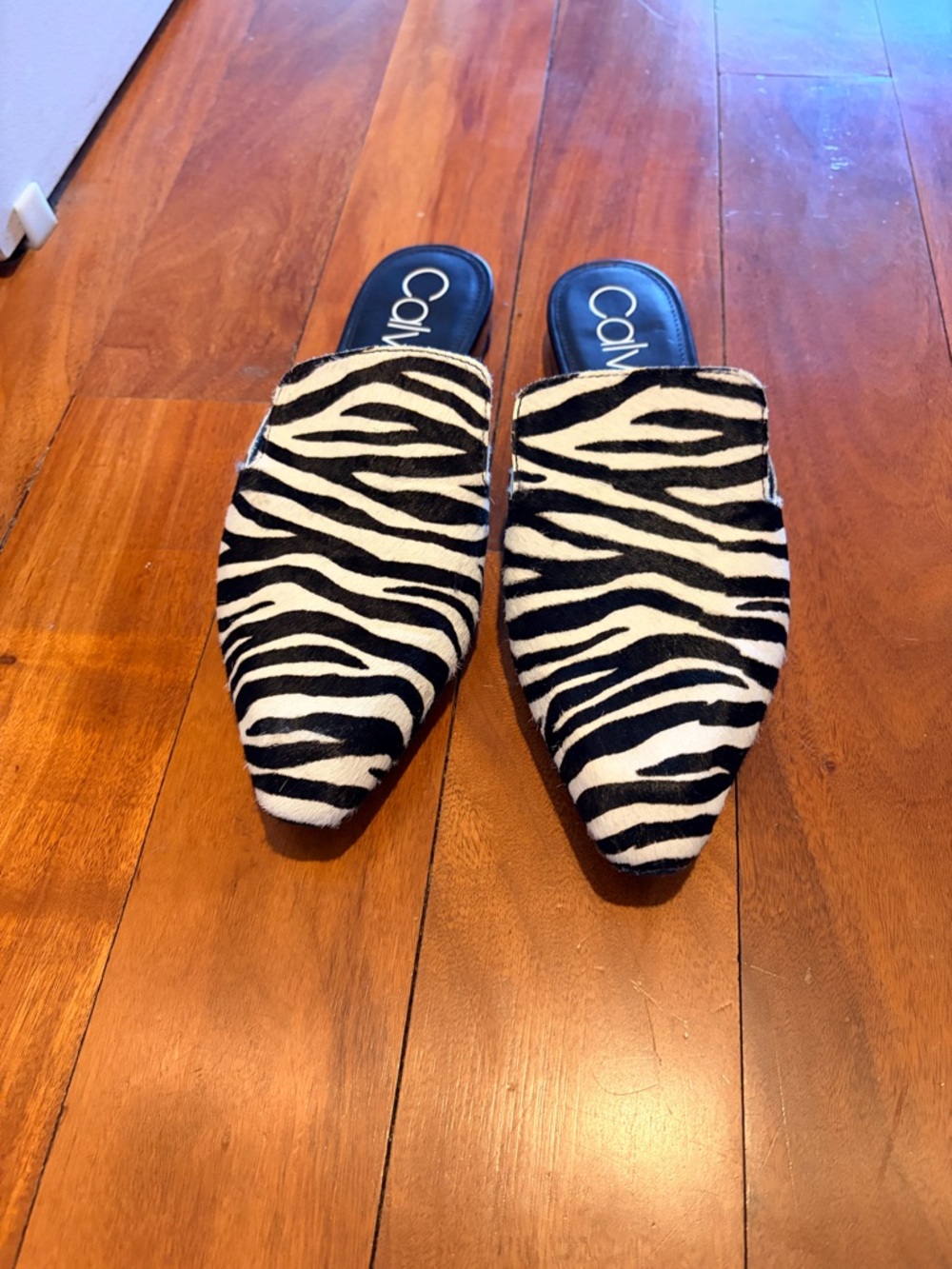 Calvin Klein Zebra-Print Pointed Slip-On Mules in Black & White (pony hair)